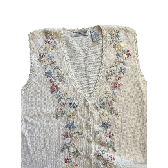 1980s Carolyn Taylor White Knitted Floral Embroidered Vest Sz M - Picture 6 of 9